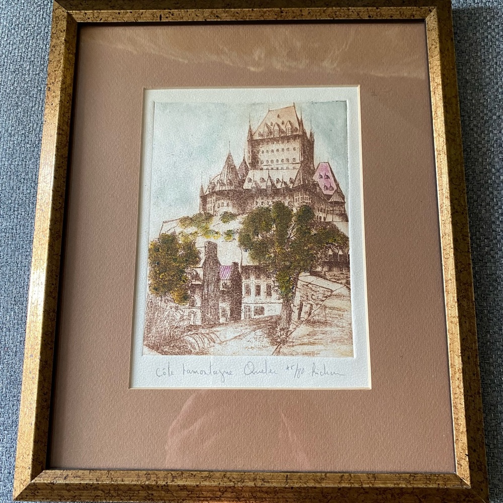 Framed etching, print, Cote de la Montagne Quebec